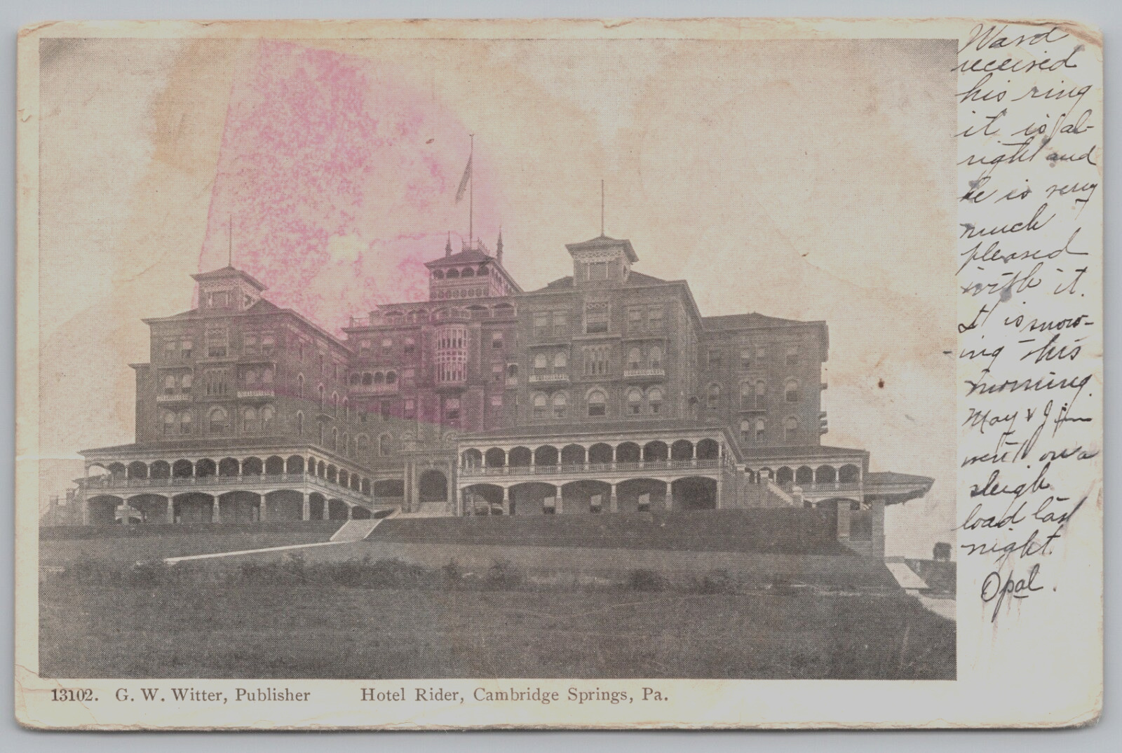 Postcard Hotel Rider Cambridge Springs Pennsylvania Posted 1910