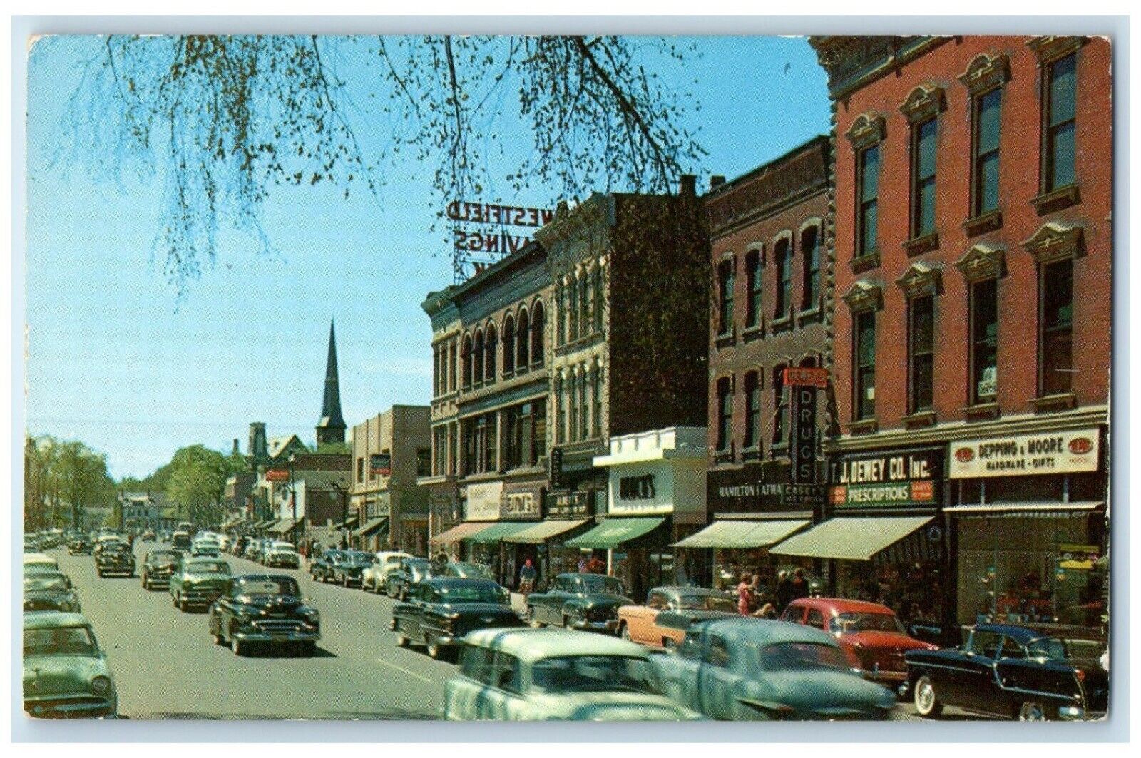 c1960 View Down Elm Street Exterior Building Westfield Massachusetts MA Postcard