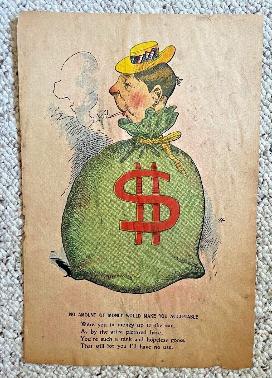 Antique No Amount Money Comic Lithograph Vinegar Valentines C Howard c: 1850\'s