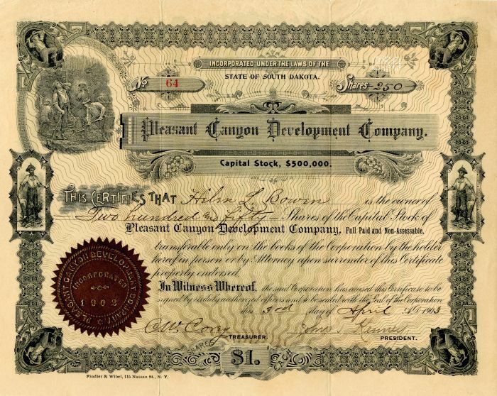 Pleasant Canyon Development Co. - Stock Certificate - Mining Stocks