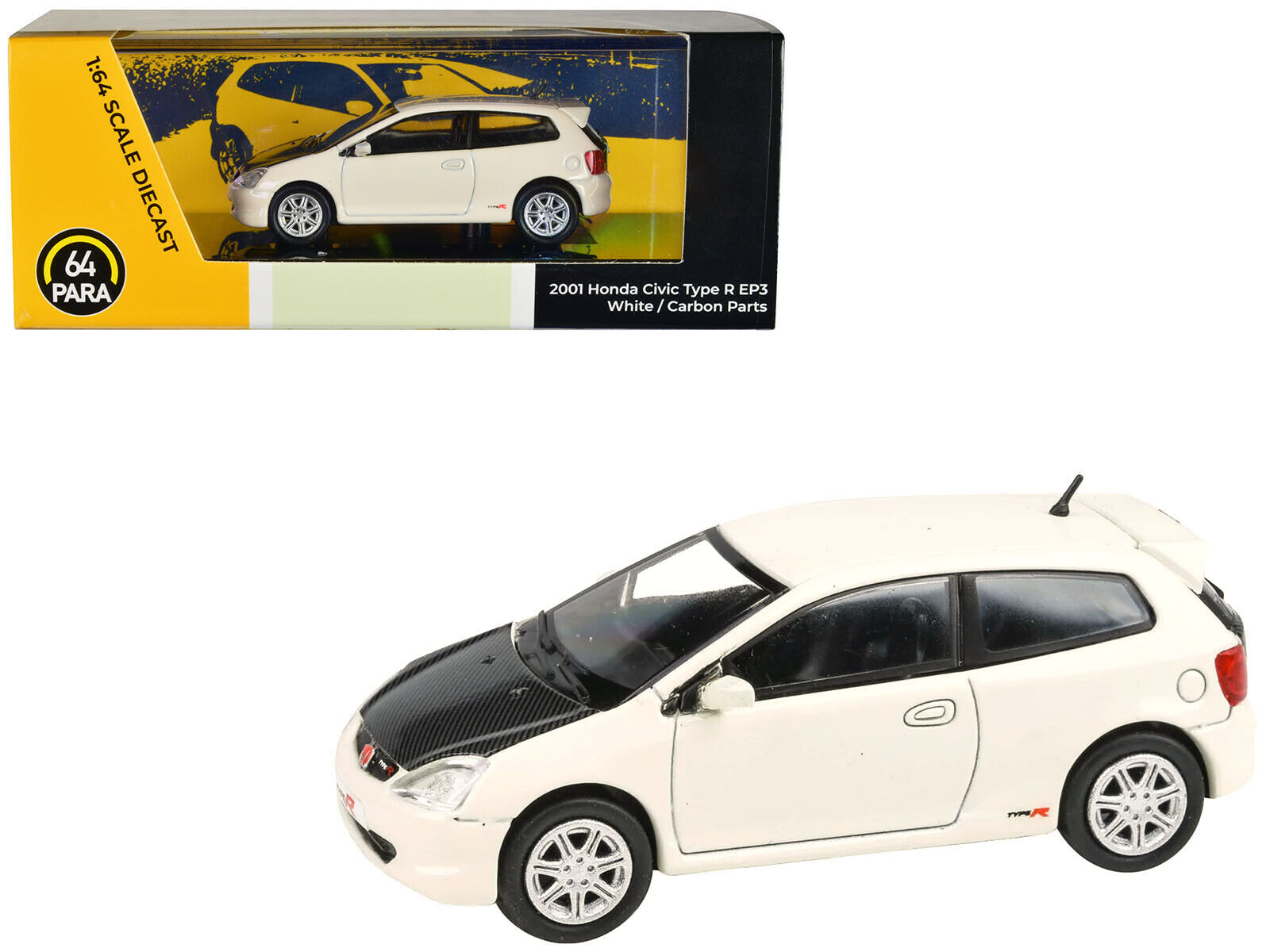 2001 Honda Civic Type R EP3 White with Carbon Hood 1/64 Diecast Model Car by