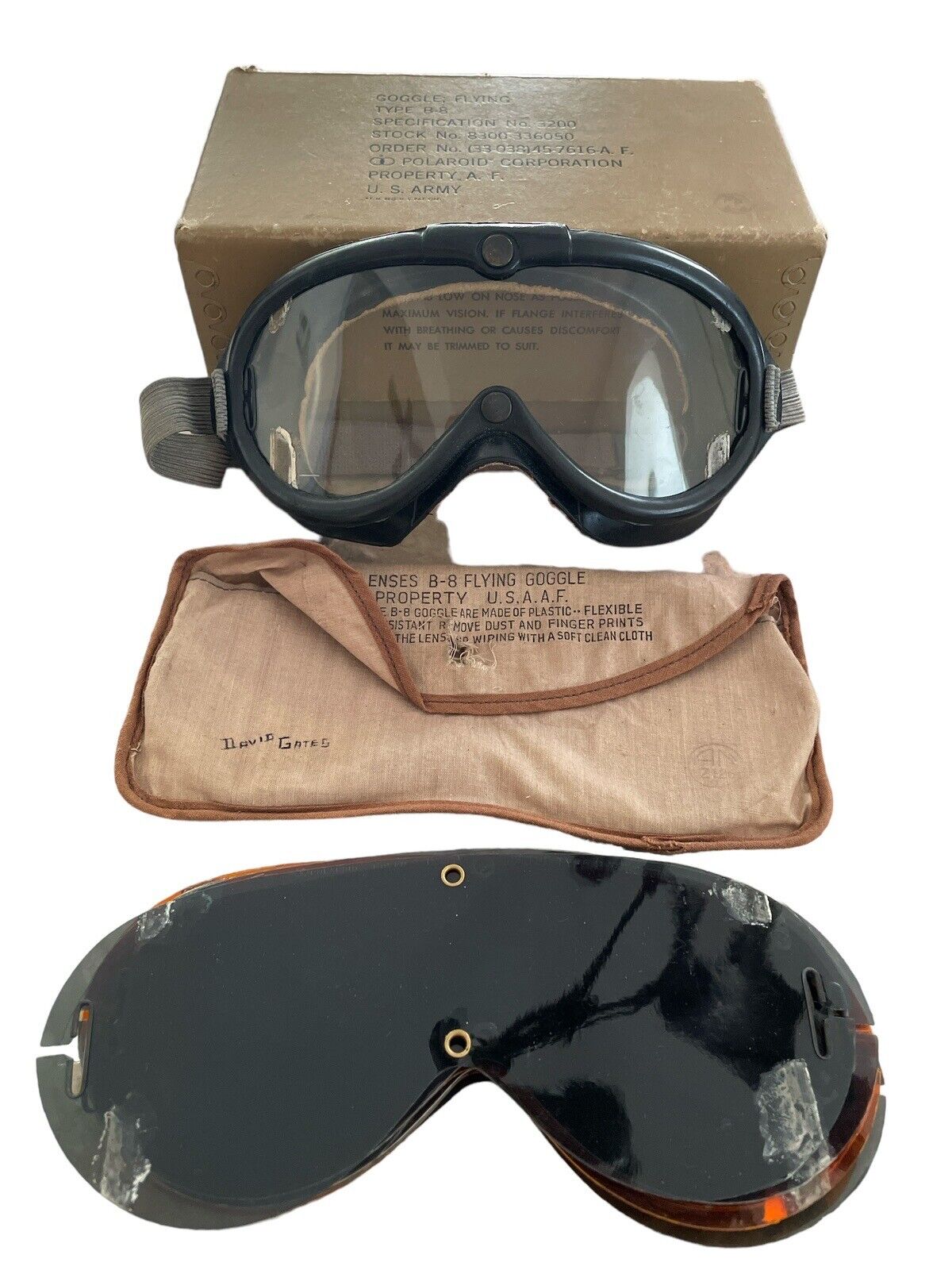 WWII 1944 US ARMY Officer B-8 Flight Flying Goggles Box Lenses Complete Polaroid