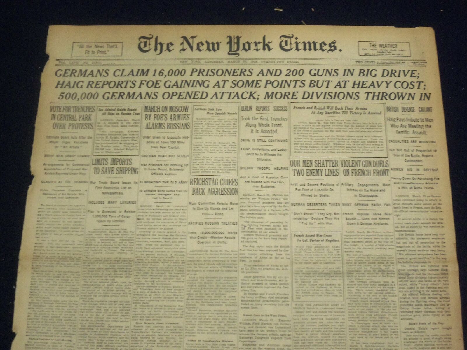 1918 MARCH 23 NEW YORK TIMES - GERMANS CLAIM 16,000 PRISONERS - NT 8162