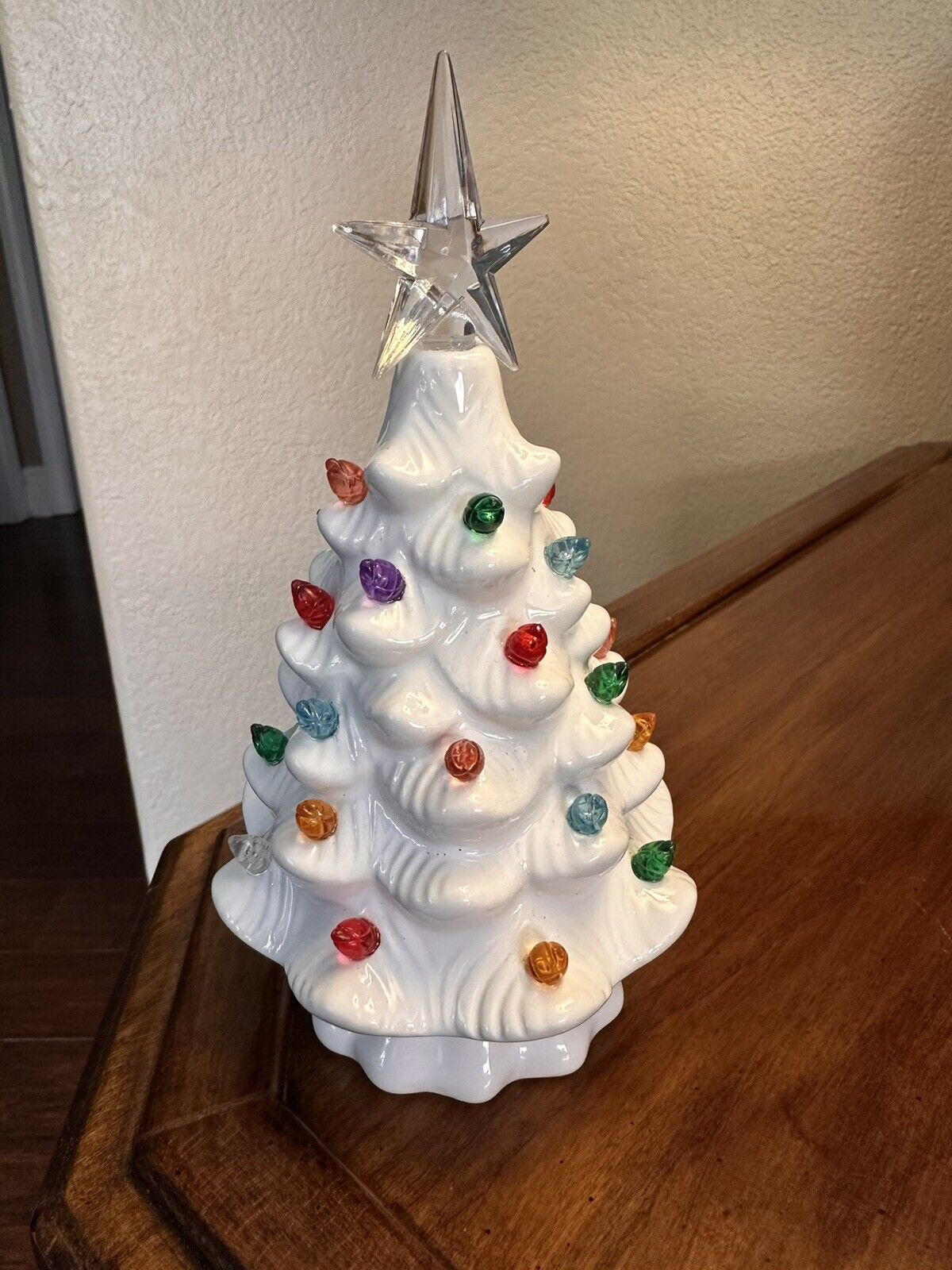 White Ceramic Light Up Tree 7.5” Battery Operated Multi colored Lights