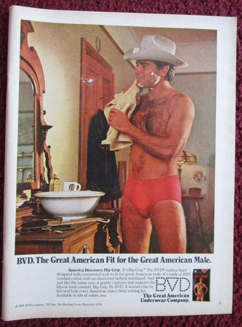 1981 BVD Men's Underwear Briefs Print Ad ~ Red Hip Grip, Cowboy with Hat Shaving