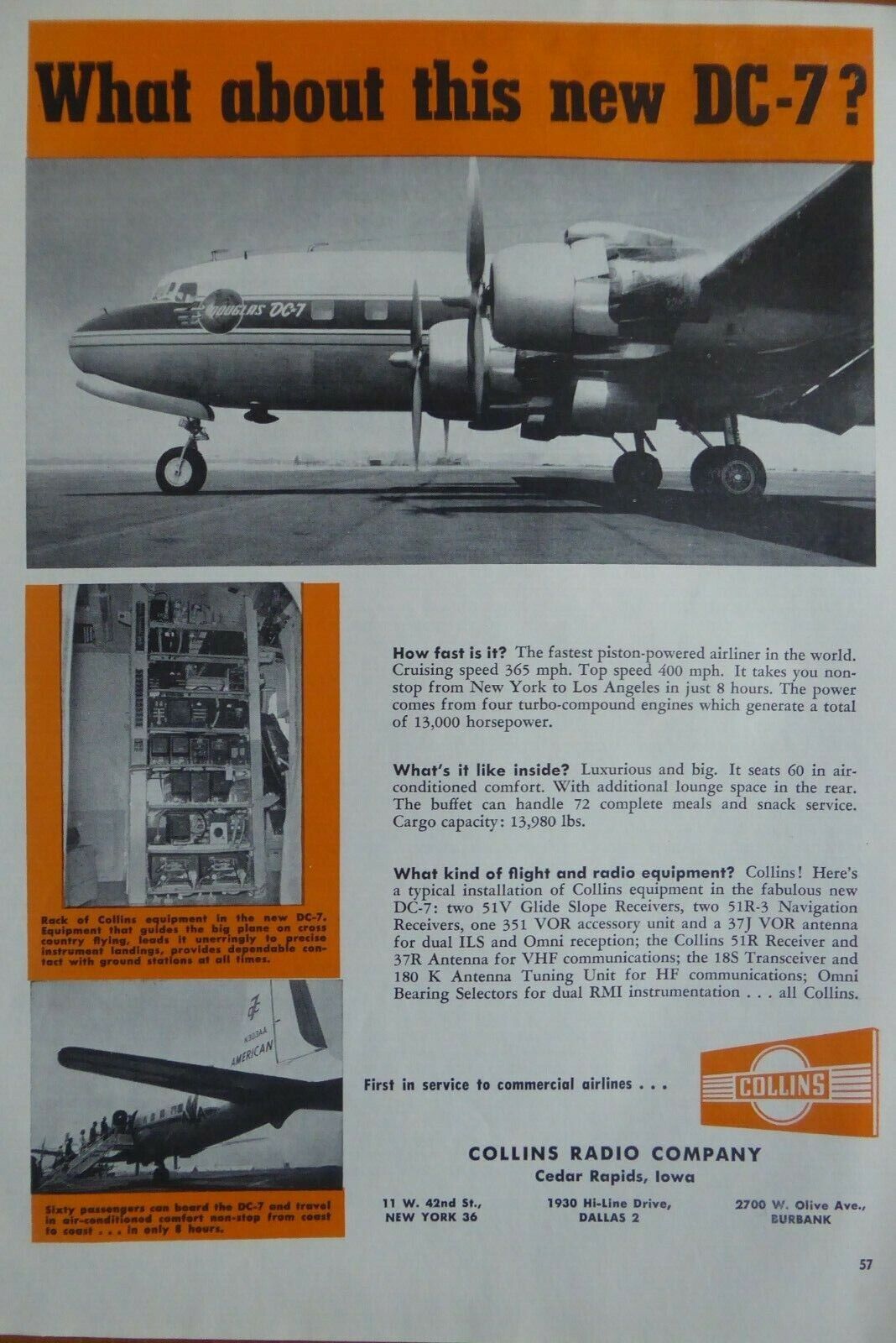 10/1953 PUB COLLINS RADIO RECEIVER TRANSMITTER DOUGLAS DC-7 AMERICAN AIRLINES AD