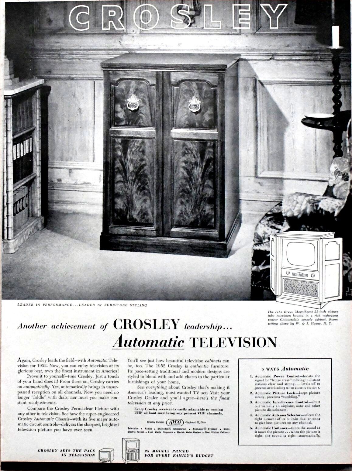 1952 Vintage Magazine Page Ad Crosley Automatic Television