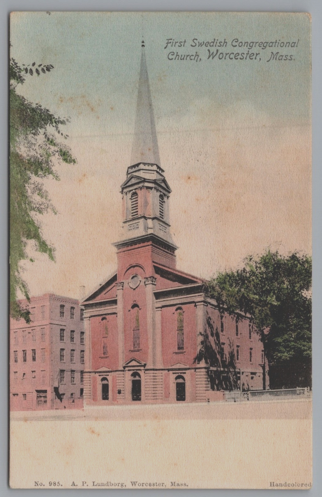 First Swedish Congregational Church Worcester Mass Handcolored c1907 Postcard