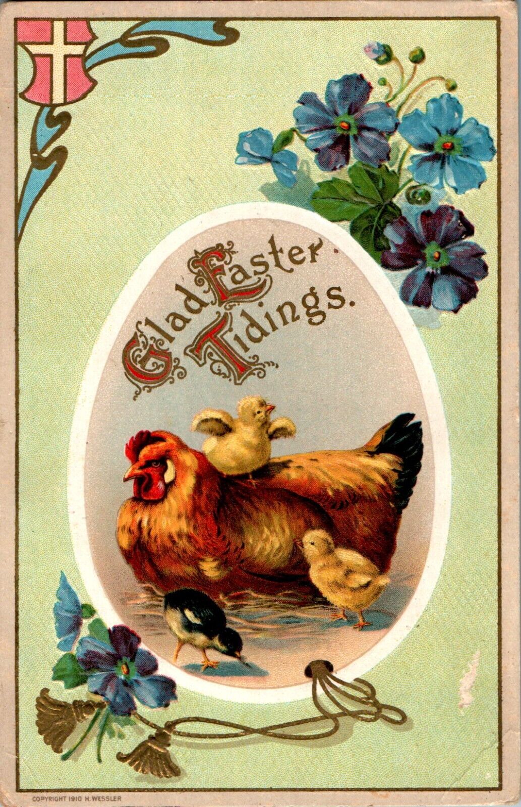 Glad Easter Tidings, Cross, Blue Flowers, Chickens, Embossed Postcard