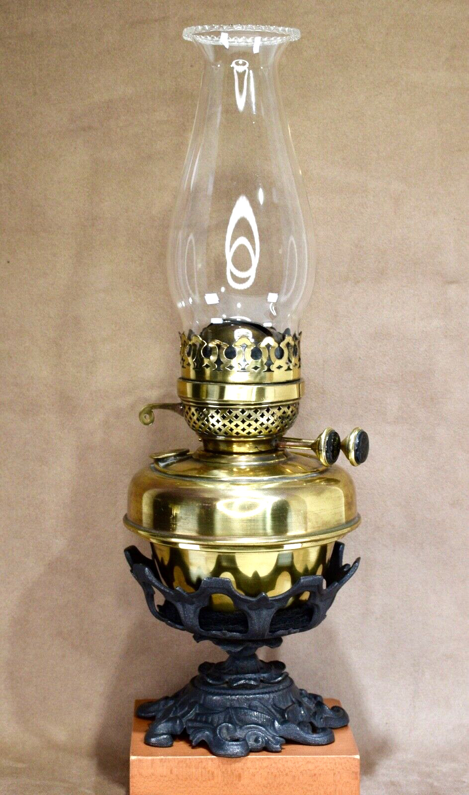 Vintage Duplex Brass Oil Lamp Glass Shade, w/ The Wizard Font, Double Burner