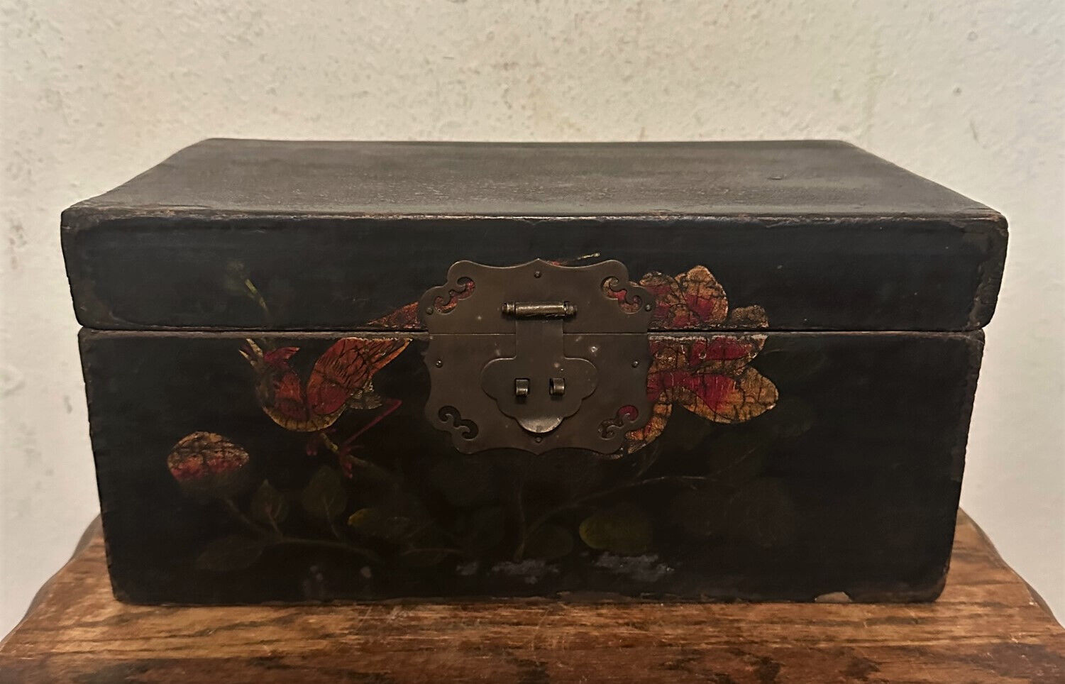 Chinese Antique Vintage Hand Painted Hinged Storage Trinket Chest Box w Wax Seal