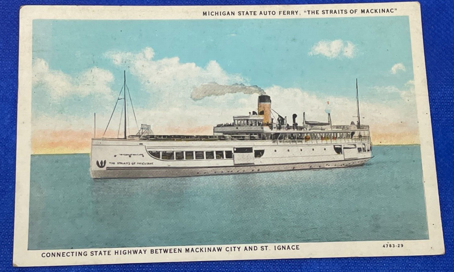 Postcard Michigan State Auto Ferry The Straits Mackinac 1930 Postmark