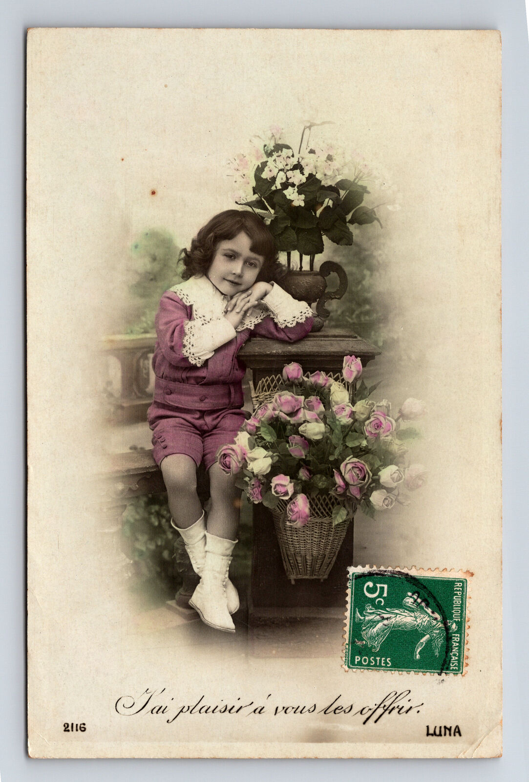 RPPC Studio Portrait of Young French Girl Flowers Hand Colored LUNA Postcard