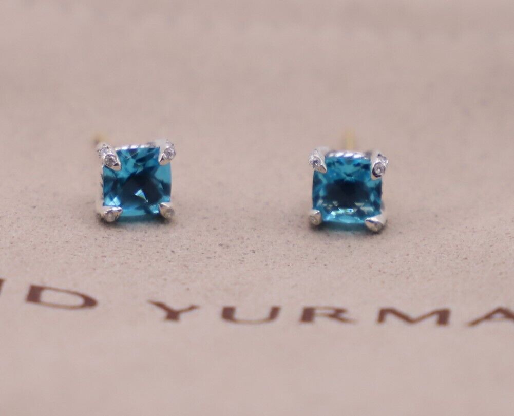 David Yurman Sterling Silver 6mm Chatelaine Stud Earrings Blue Topaz & Diamonds