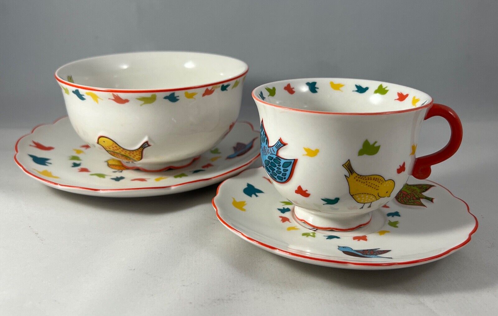 Grace for Anthropologie Tea Cup, Saucer, Bowl, and Plate Ceramic Birds 4 Piece