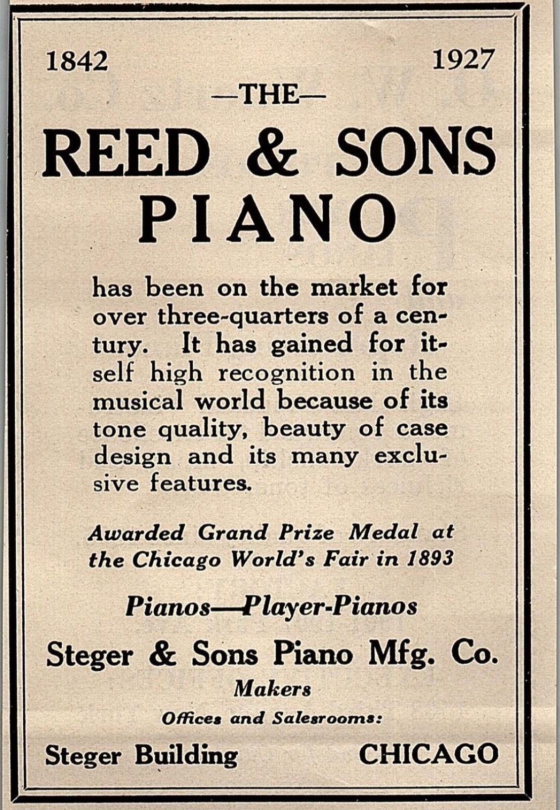 1927 REED & SONS PIANO STEGER & SONS CHICAGO ILLINOIS VINTAGE ADVERTISMENT 37-60