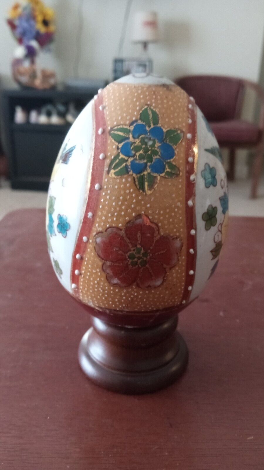 Pair of Vintage Hand Painted Porcelain Eggs Warrior Design & Bird Floral Design