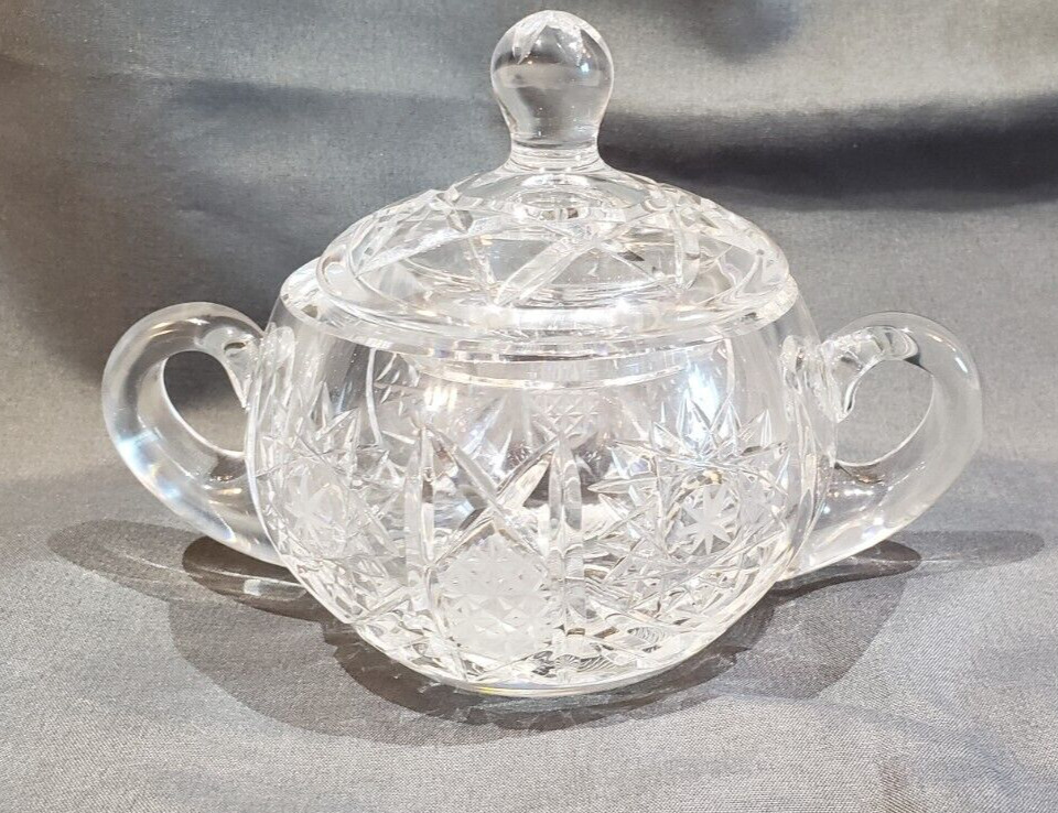 Vintage Crystal Glass Brilliant Cut Sugar Bowl with Handles