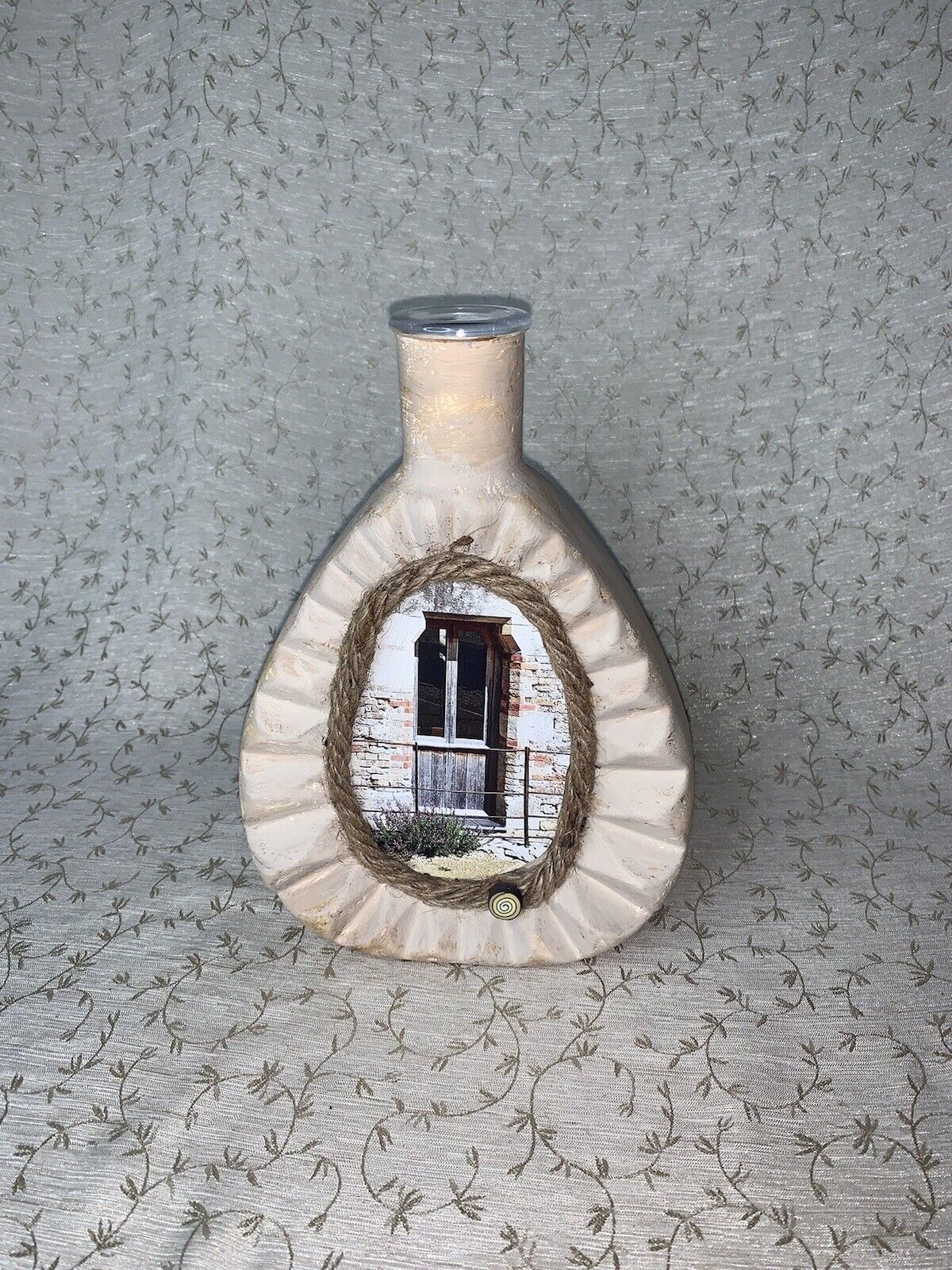 One Of A Kind Unique HAND PAINTED AND DECORATED SPIRIT BOTTLE Beige Rope Vase