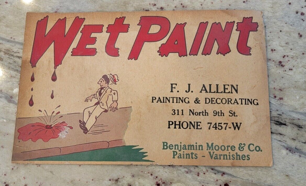 Vintage Wet Paint Sign Benjamin Moore Advertising 1950s? Nice Graphics 10.5x6.5