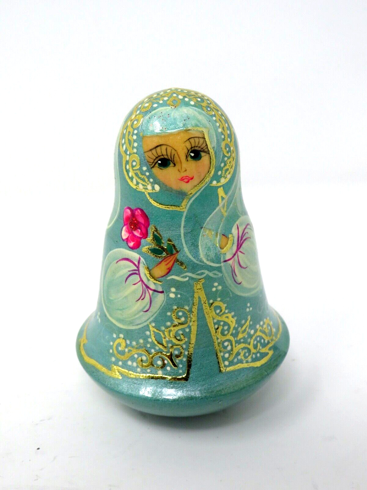 VTG Russian Princess Floral Roly Poly Doll Chime Bell Hand Painted (Non Nesting)