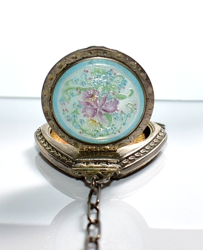 STUNNING Antique ORCHID Hand Painted STERLING ENAMEL GUILLOCHE Compact by THOMAE