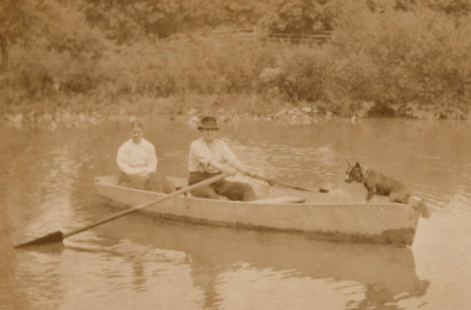 Man Woman Dog Row Boat RPPC Photo Real Postcard 1910s O.A. Sellers Richland PA