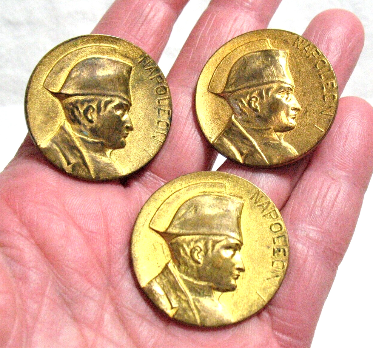 NAPOLEON GOLD TONED BUTTONS SET OF 3  1 1/8 INCHES
