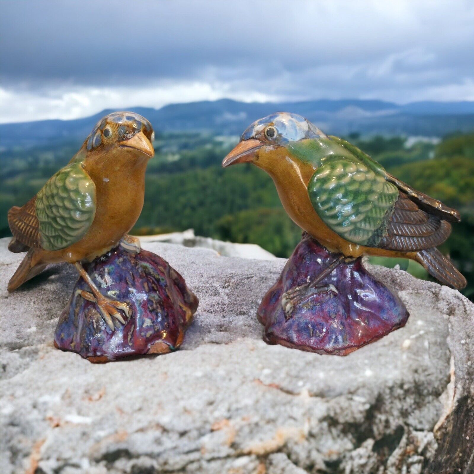 Pair of Vintage Circa 1970 Chinese Shiwan Guangdong Pottery Bird Figurines