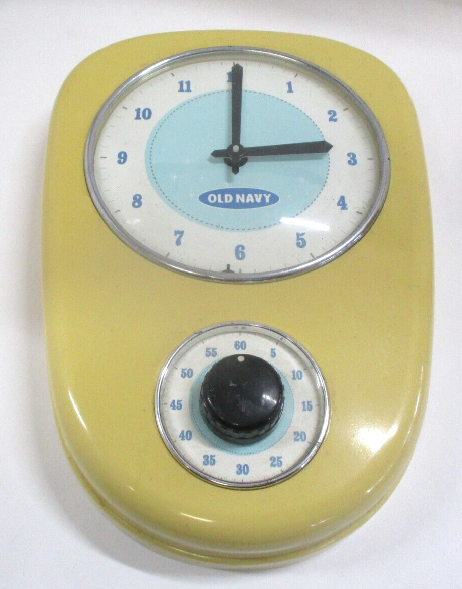 OLD NAVY RETRO 1950 ERA YELLOW/CREAM KITCHEN WALL CLOCK WITH 60 MINUTE TIMER