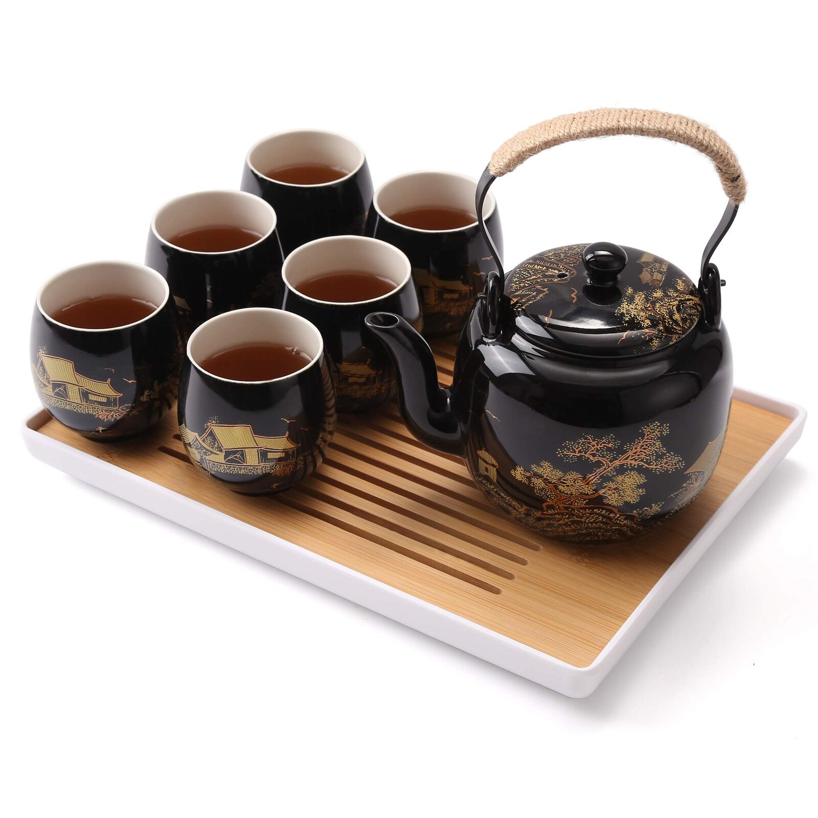 Dujust Japanese Beautiful Asian Porcelain Tea Set, Black With 1 Teapot, 6 Tea Cu