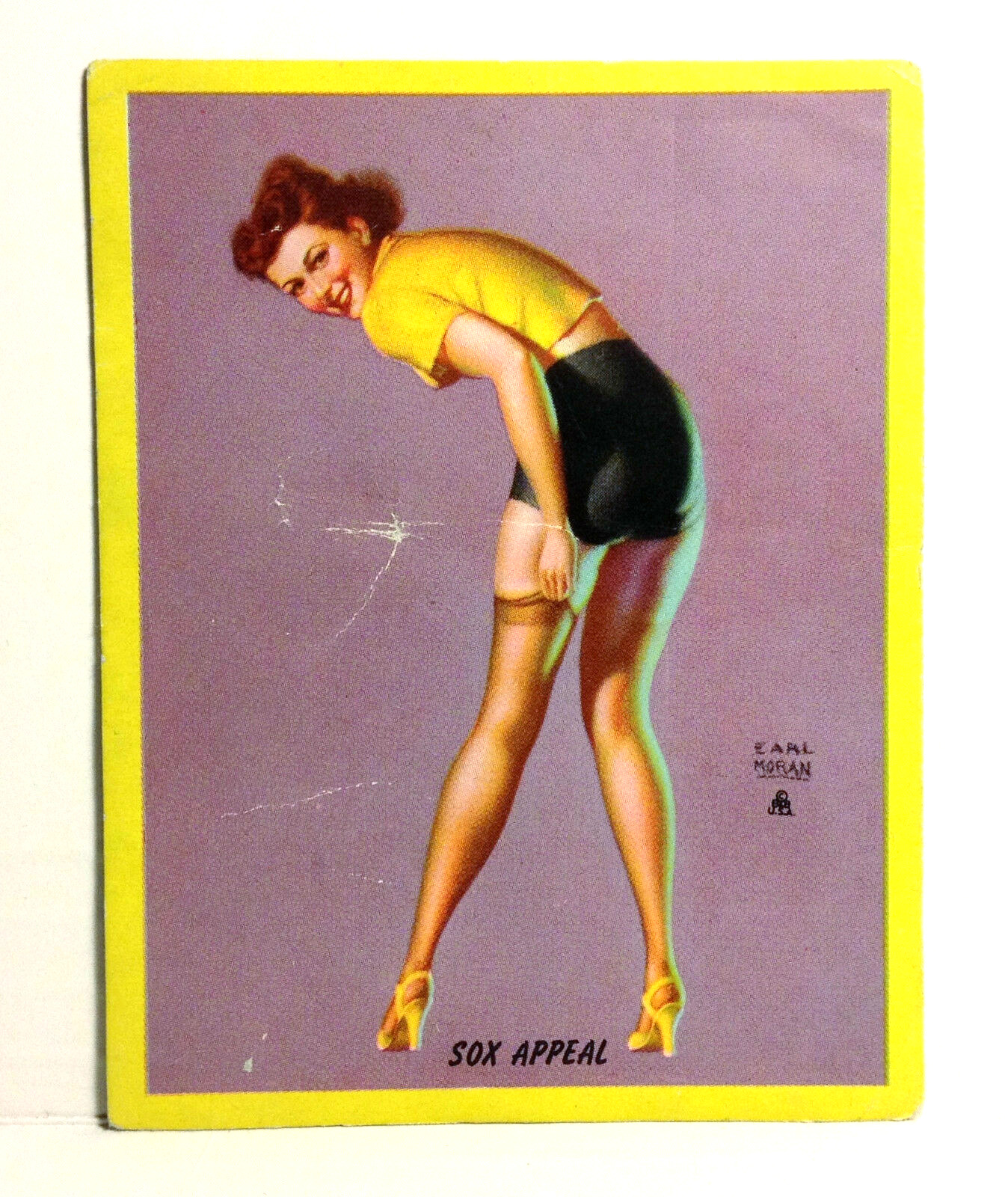 1940s Pinup Girl EARL MORAN Art Blotter Card Sox Appeal Stockings Sexy Brunette