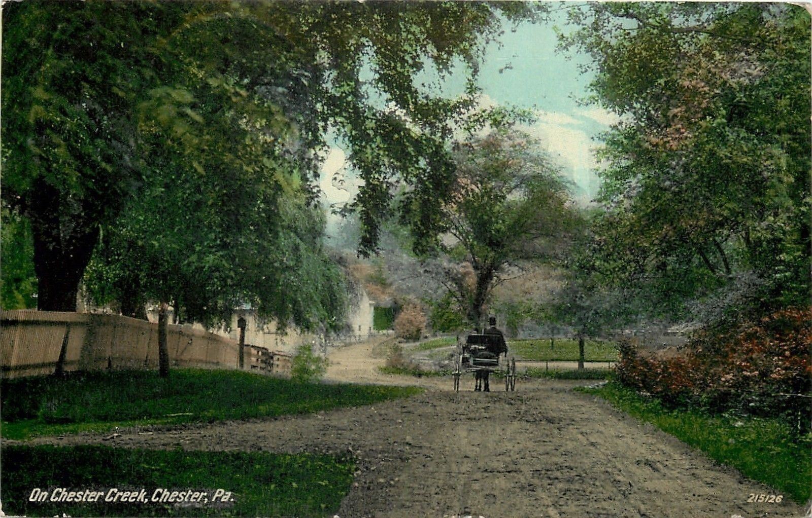 Chester PA~Horse Buggy on Dirt Road Along Chester Creek~Fences~1910 Postcard