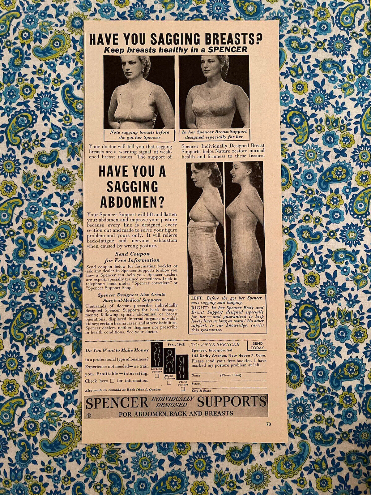 Vintage 1948 Spencer Supports Print Ad Sagging Abdomen Sagging Breasts Support