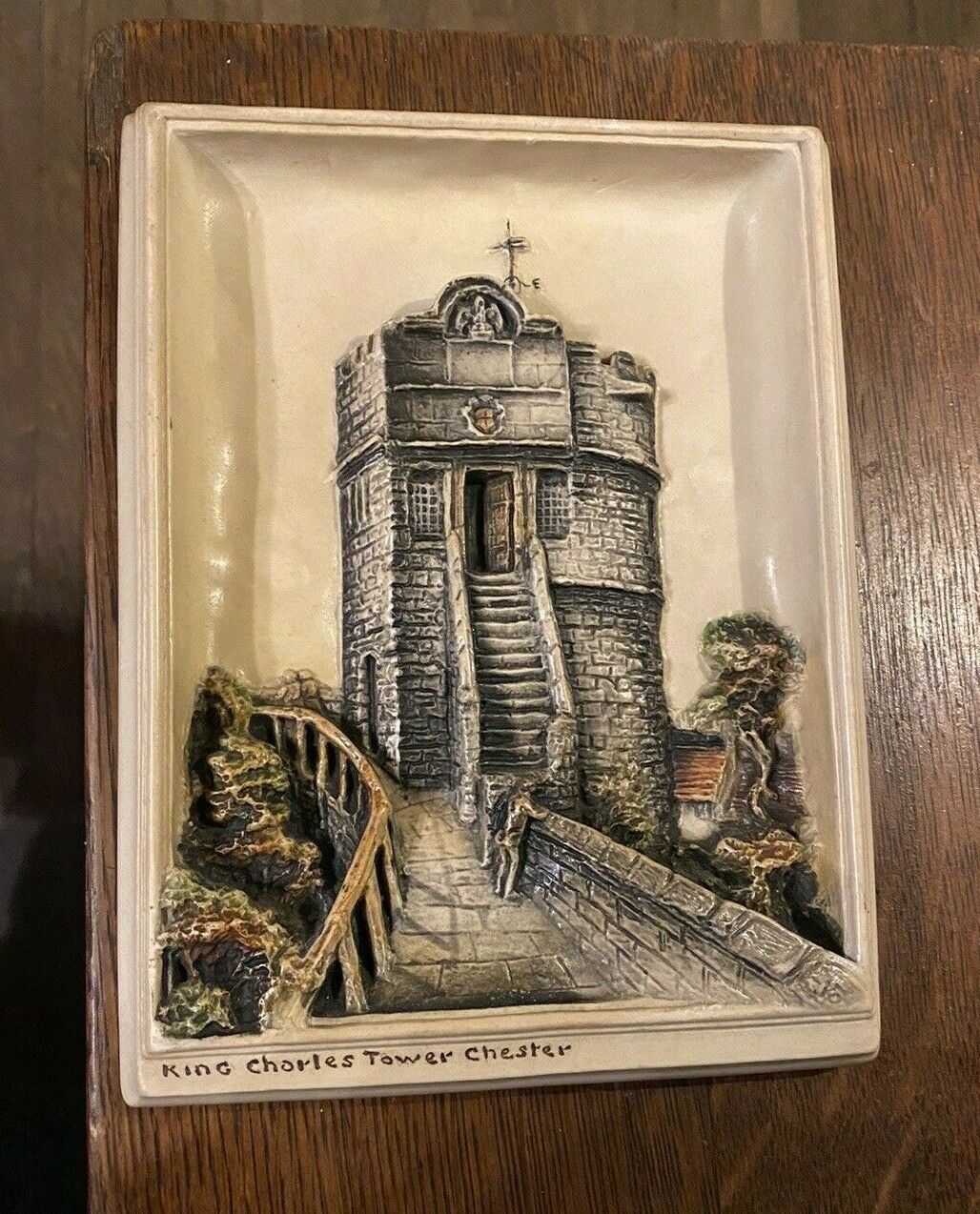 VINTAGE ANTIQUE IVOREX ENGLAND WALL HANGING PLAQUE KING CHARLES TOWER CHESTER