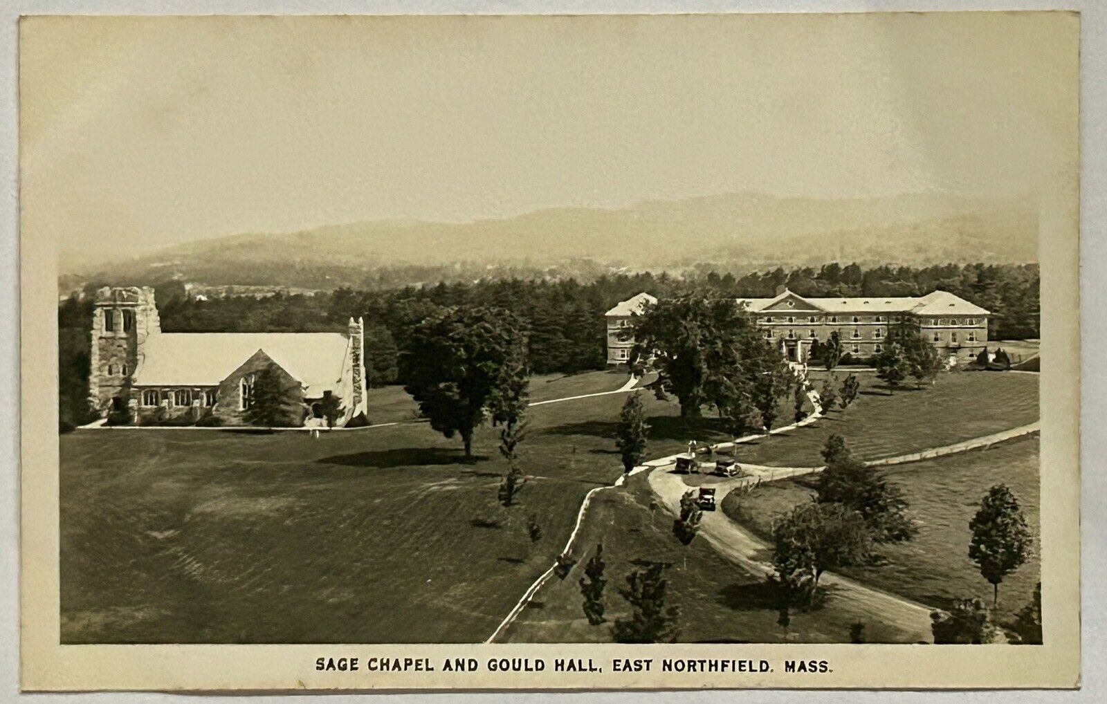 Sage Chapel. Gould Hall. East Northfield, MA. Real Photo Postcard RPPC.