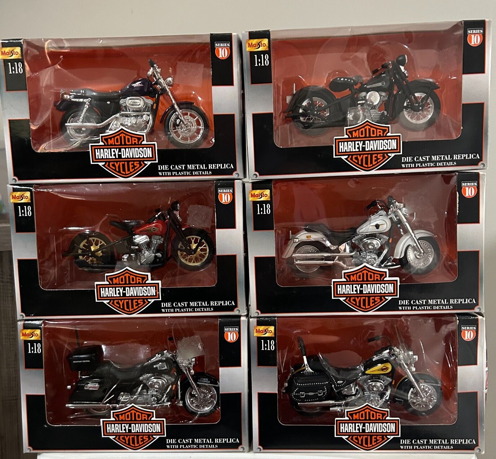 Vintage Maisto Harley Davidson Series 10 Complete Set of (6) 1:18 Motorcycles