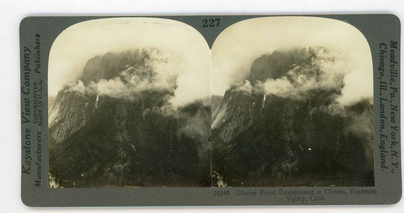 Yosemite ~ GLACIER POINT ENSHROUDED IN CLOUDS ~ Stereoview 26549 kscam227
