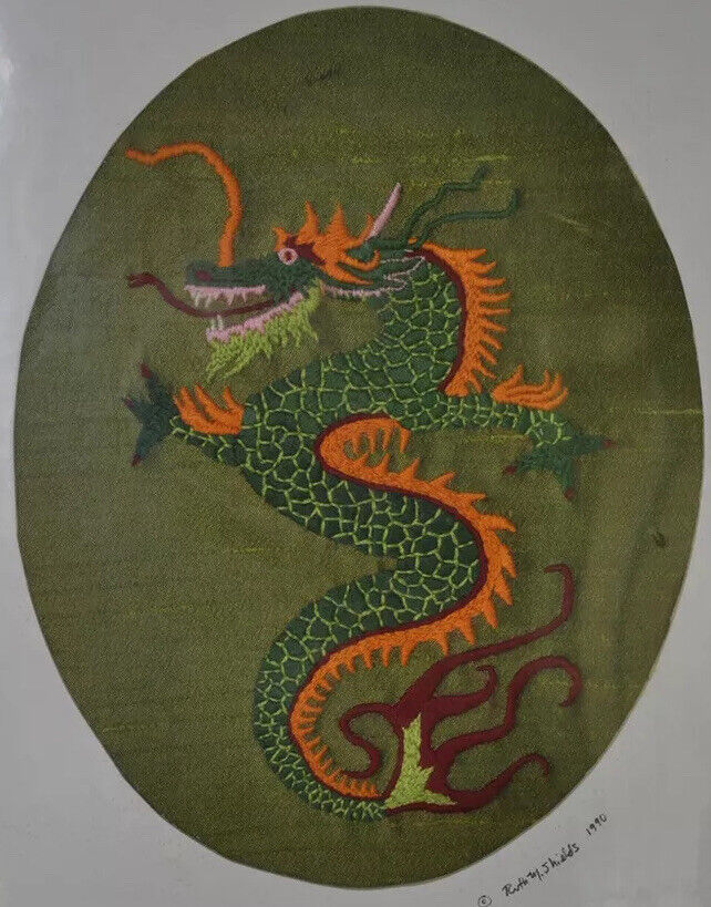 Vintage Dragon Embroidery Needlework on Silk?/Fabric -Signed 1990 11X14 Art