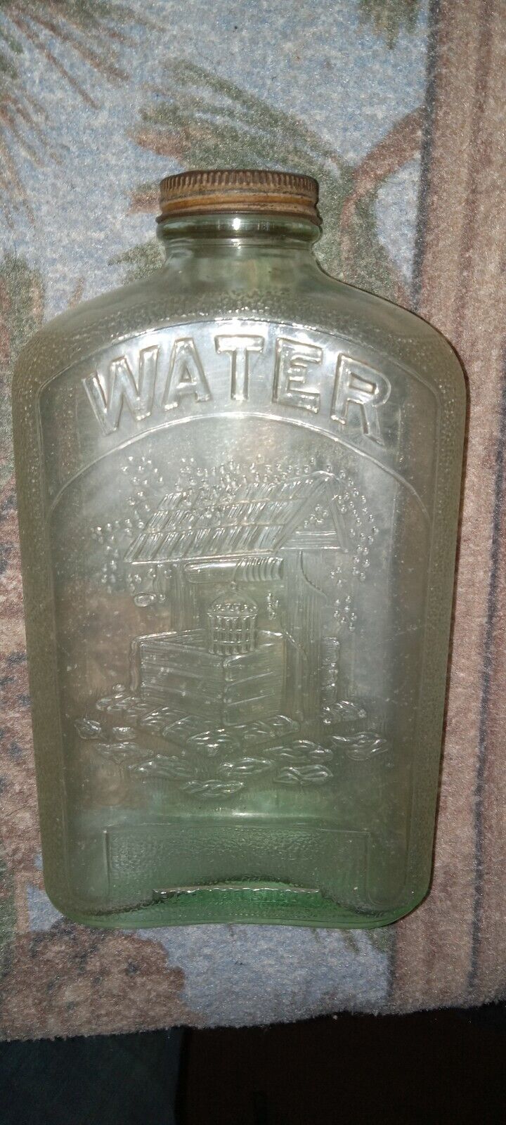 Vintage 1932 Glass Water Bottle 1 QT Embossed Well Pat Apr 5 1932 Original Lid