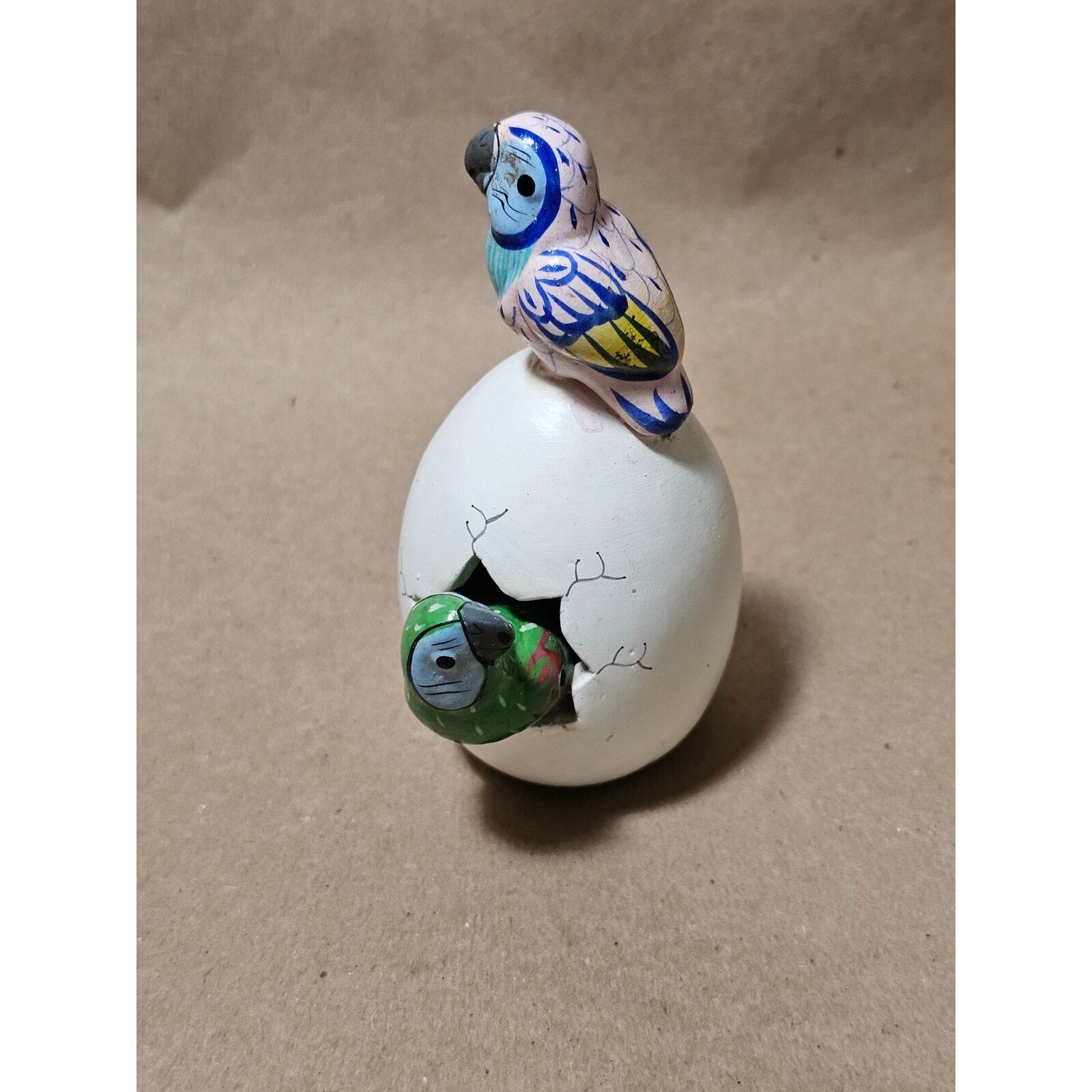 Hatched Egg Pottery Bird Double Parrots Pink Mexico Hand Painted Clay Signed 150