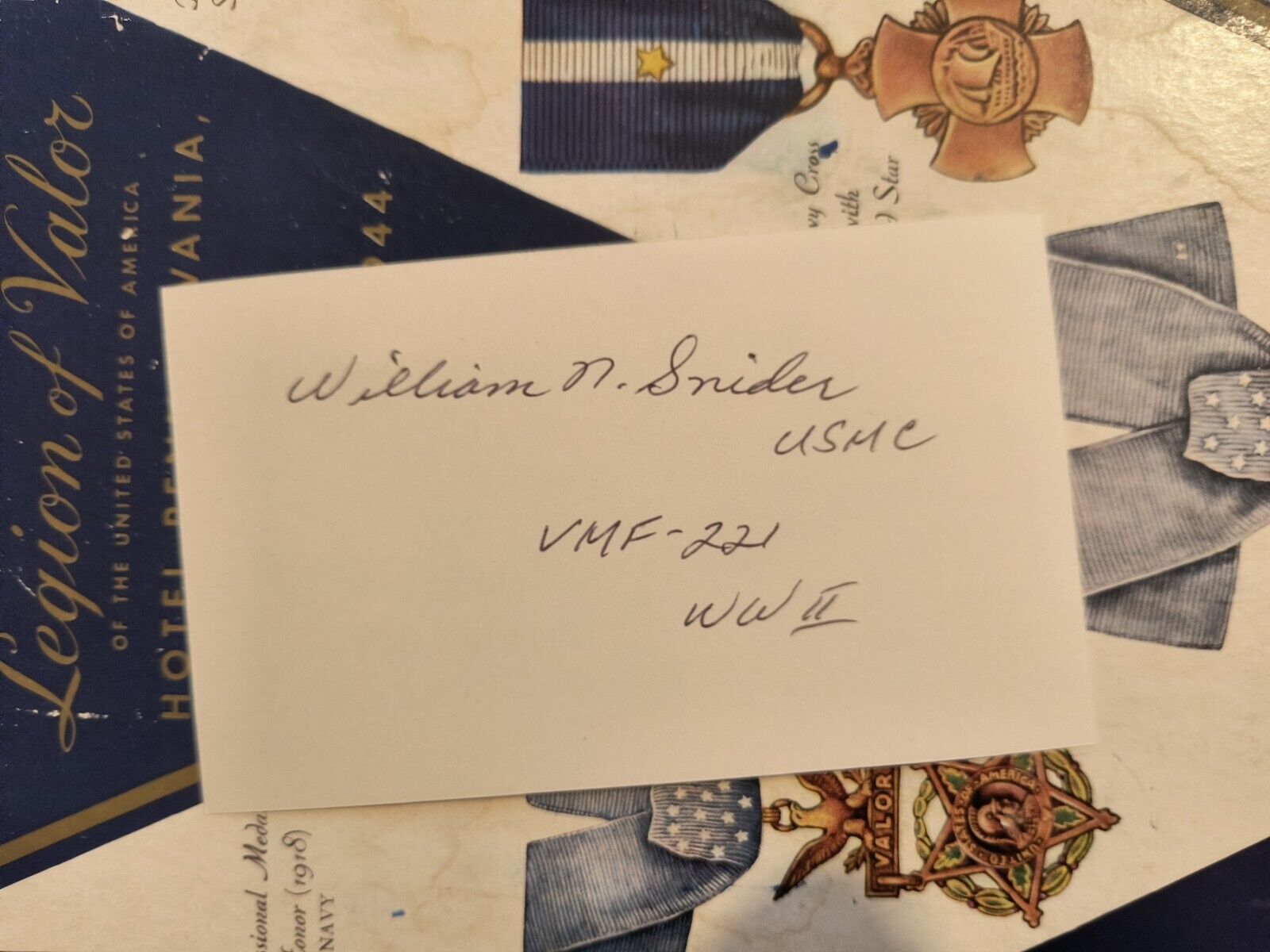 WWII Ace Capt. WILLIAM N. SNIDER, USMC 11Vs VMF-221 FG Signed 3x5 Card