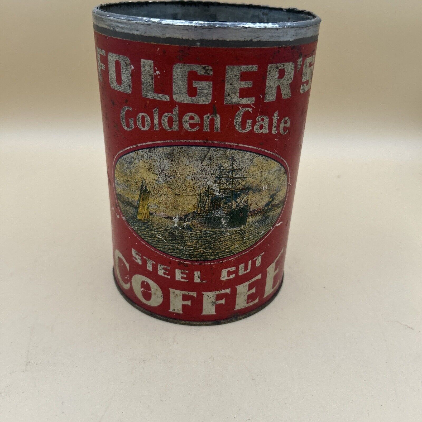 Vintage Folgers Golden Gate Steel cut Coffee tin. 2 lb. net weight  7\