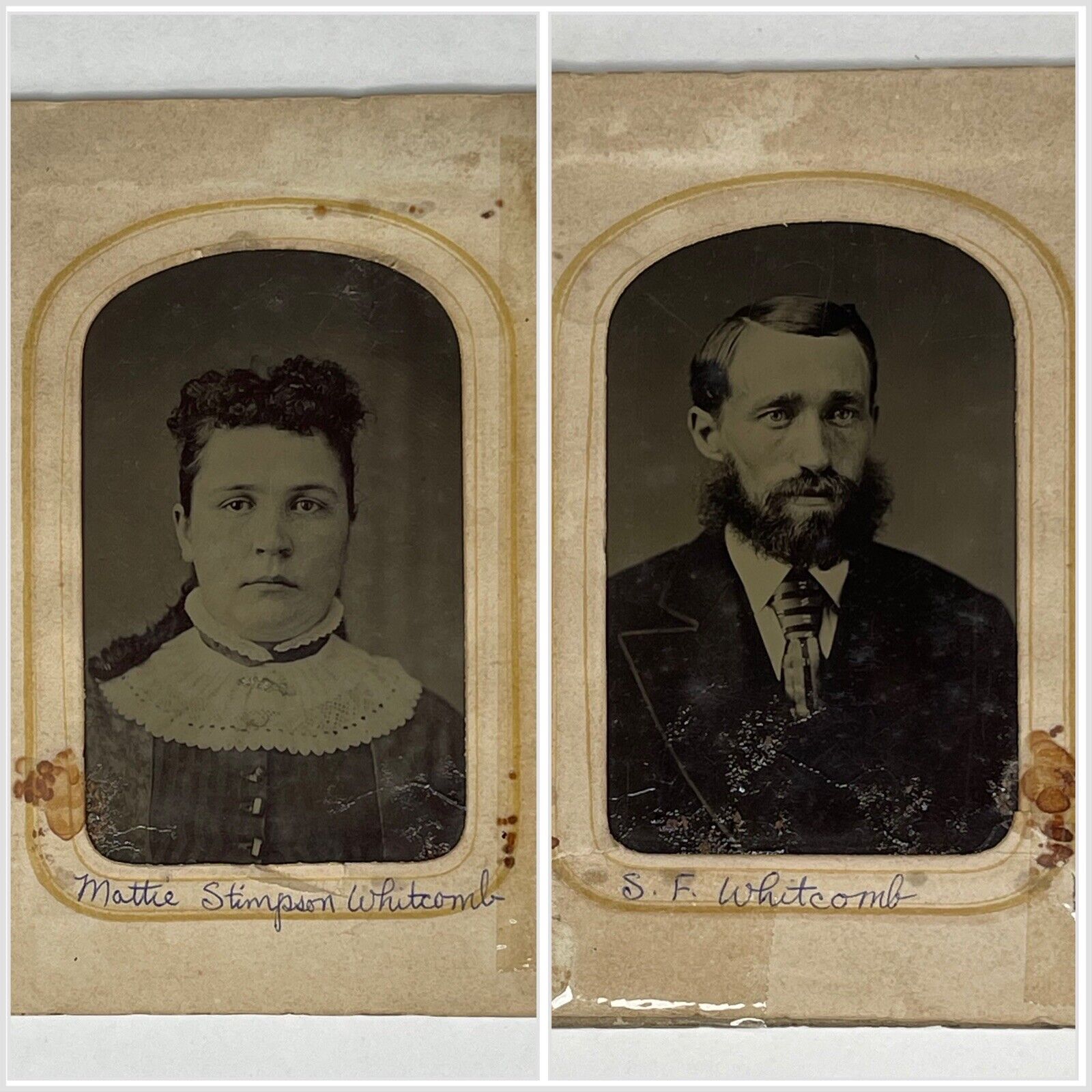2 Antique Victorian Old Tintype Photo Man Woman Husband Wife Vermont Identified
