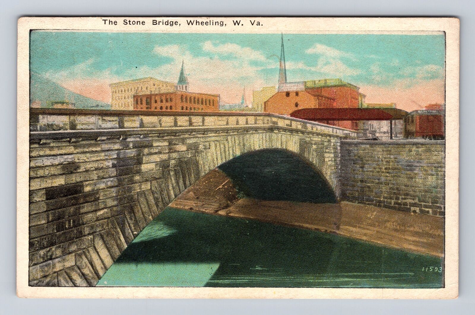 Wheeling WV-West Virginia, the Stone Bridge, Antique Vintage Souvenir Postcard