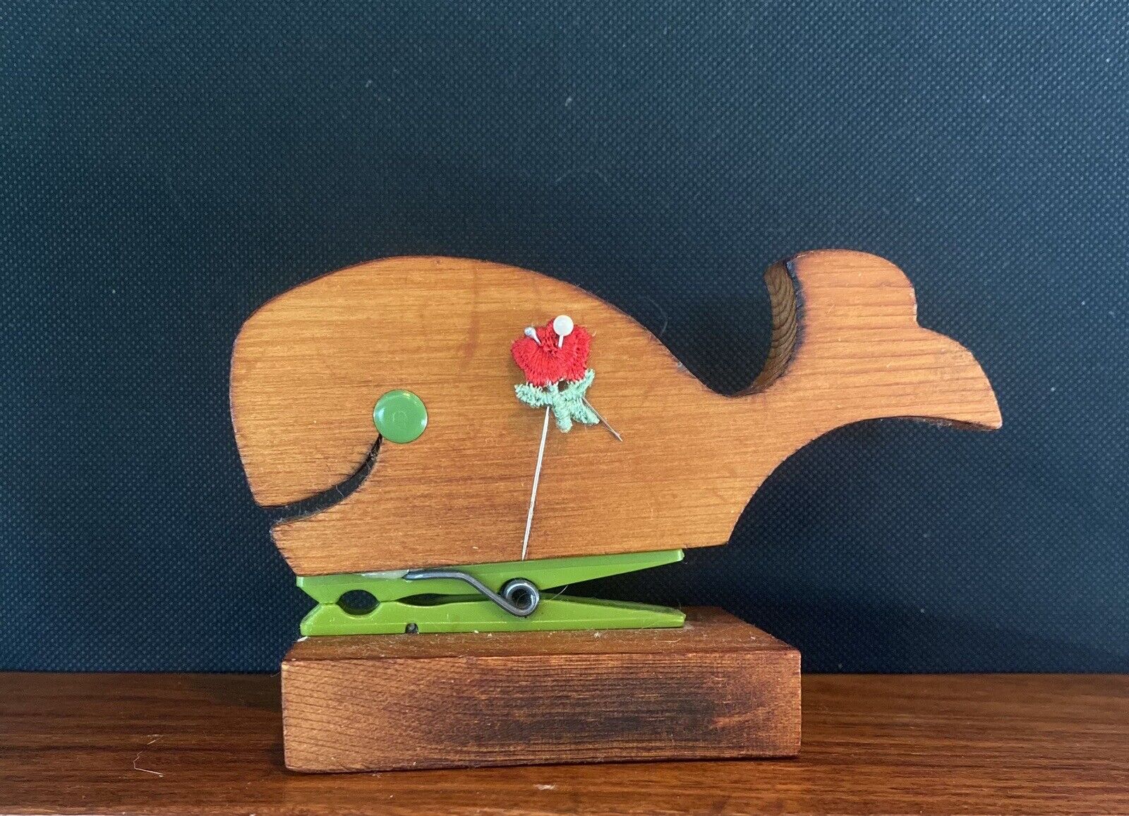 Wood Whale Rustic Vintage Recipe Card Clip Clothespin Folk Art Green Cute