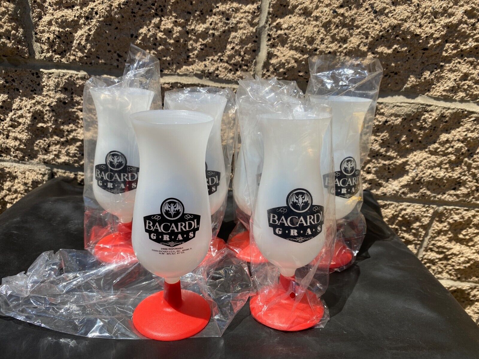 Lot of 6-Bacardi Gras Plastic wine glasses 2006 Drinkware Collectible-NEW