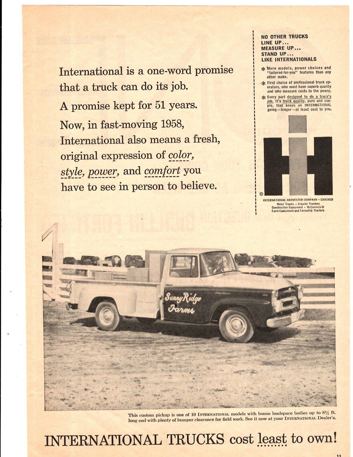 1958 Print Ad International Trucks Cost Least to OwnCustom Pickup Sunny Ridge