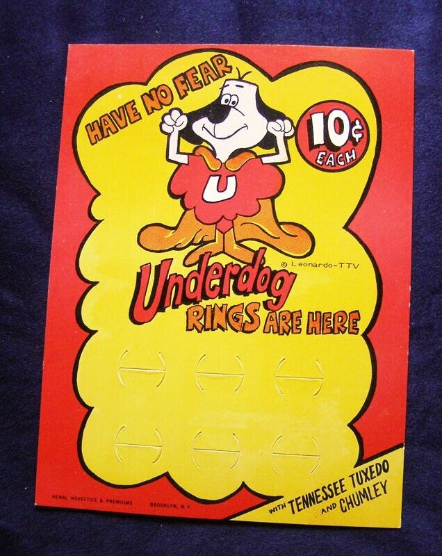 Underdog Rings Vending Machine Display Card Vintage 1960s Henal Novelties