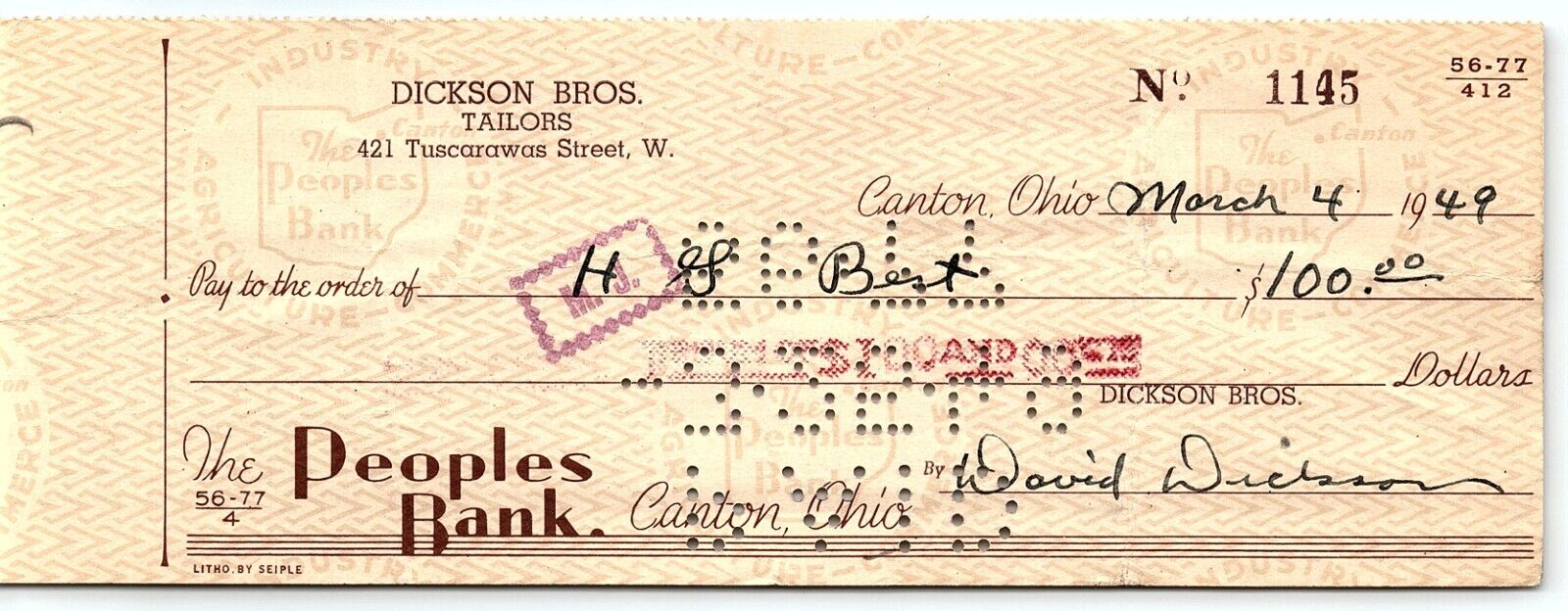 1949 CANTON OHIO DICKSON BROS. TAILORS THE PEOPLES BANK CHECK Z1618